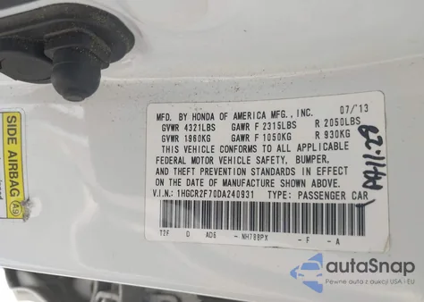 2013 Honda Accord Ex from USA, damaged, VIN 1HGCR2F70DA240931